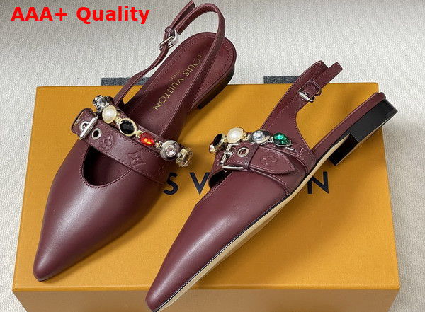 LV Vibe Slingback Flat Ballerina in Bordeaux Red Lambskin with a Row of Jewel Like Ornaments Replica