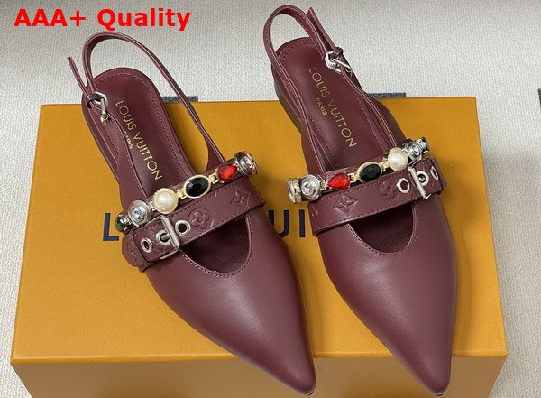 LV Vibe Slingback Flat Ballerina in Bordeaux Red Lambskin with a Row of Jewel Like Ornaments Replica