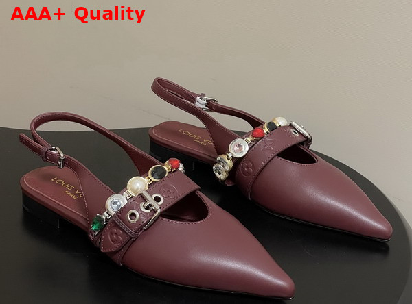 LV Vibe Slingback Flat Ballerina in Bordeaux Red Lambskin with a Row of Jewel Like Ornaments Replica