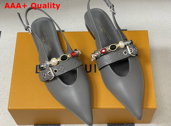 LV Vibe Slingback Flat Ballerina in Gray Lambskin with a Row of Jewel Like Ornaments Replica