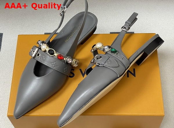LV Vibe Slingback Flat Ballerina in Gray Lambskin with a Row of Jewel Like Ornaments Replica