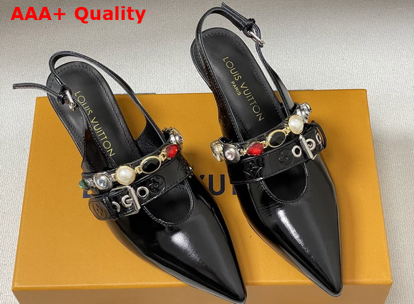 LV Vibe Slingback Pump in Black Naplak Leather with a Row of Jewel Like Ornaments 1AIT29 Replica