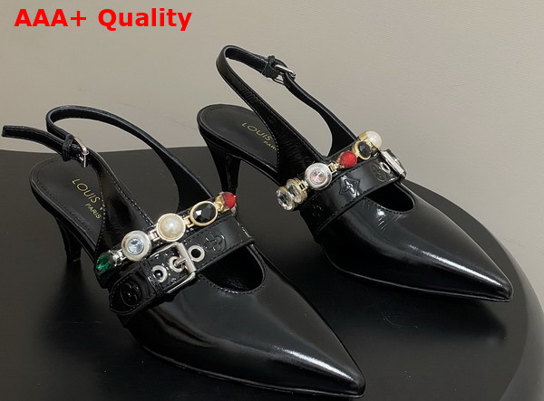 LV Vibe Slingback Pump in Black Naplak Leather with a Row of Jewel Like Ornaments 1AIT29 Replica