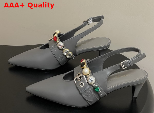 LV Vibe Slingback Pump in Gray Lambskin with a Row of Jewel Like Ornaments Replica