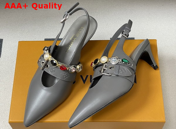 LV Vibe Slingback Pump in Gray Lambskin with a Row of Jewel Like Ornaments Replica