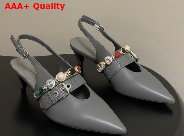 LV Vibe Slingback Pump in Gray Lambskin with a Row of Jewel Like Ornaments Replica