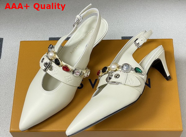 LV Vibe Slingback Pump in Vanilla Lambskin with a Row of Jewel Like Ornaments Replica