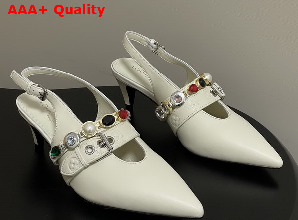 LV Vibe Slingback Pump in Vanilla Lambskin with a Row of Jewel Like Ornaments Replica