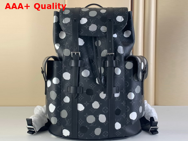 LV X YK Christopher MM Backpack Monogram Eclipse Coated Canvas with 3D Painted Dots Print Black and Silver M46403 Replica