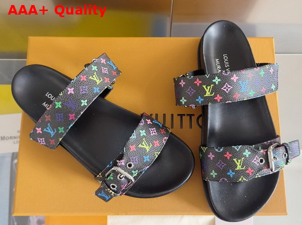 LV x TM Bom Dia Flat Comfort Mule in Black Multicolored Monogram Coated Canvas Replica