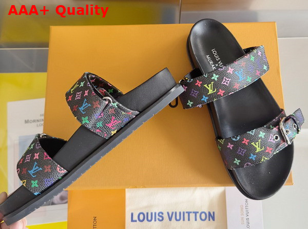 LV x TM Bom Dia Flat Comfort Mule in Black Multicolored Monogram Coated Canvas Replica