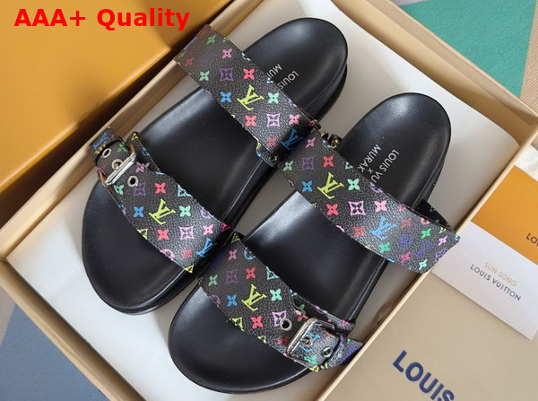 LV x TM Bom Dia Flat Comfort Mule in Black Multicolored Monogram Coated Canvas Replica