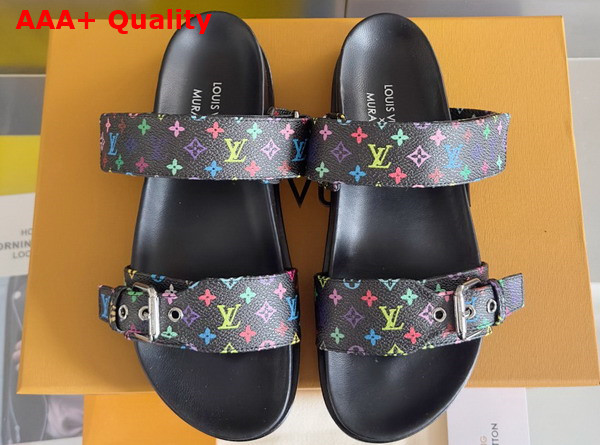 LV x TM Bom Dia Flat Comfort Mule in Black Multicolored Monogram Coated Canvas Replica