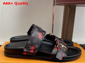 LV x TM Bom Dia Flat Comfort Mule in Monogram Eclipse Cherry Coated Canvas Replica