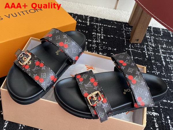 LV x TM Bom Dia Flat Comfort Mule in Monogram Eclipse Cherry Coated Canvas Replica