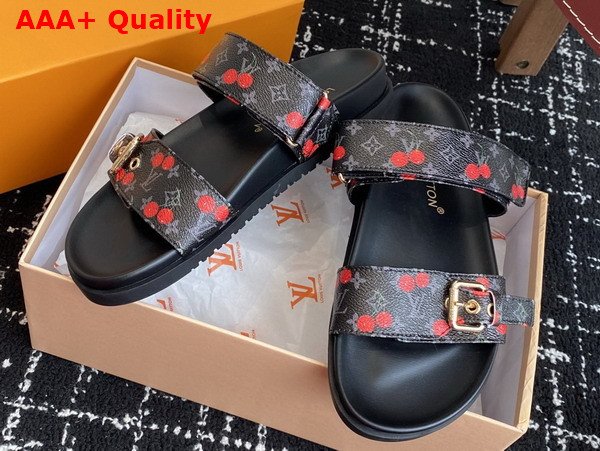 LV x TM Bom Dia Flat Comfort Mule in Monogram Eclipse Cherry Coated Canvas Replica