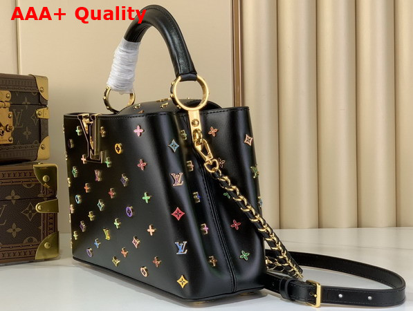 LV x TM Capucines BB Handbag in Black Cowhide Leather Embellished with Multicolor LV Flower Studs Replica