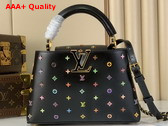 LV x TM Capucines BB Handbag in Black Cowhide Leather Embellished with Multicolor LV Flower Studs Replica