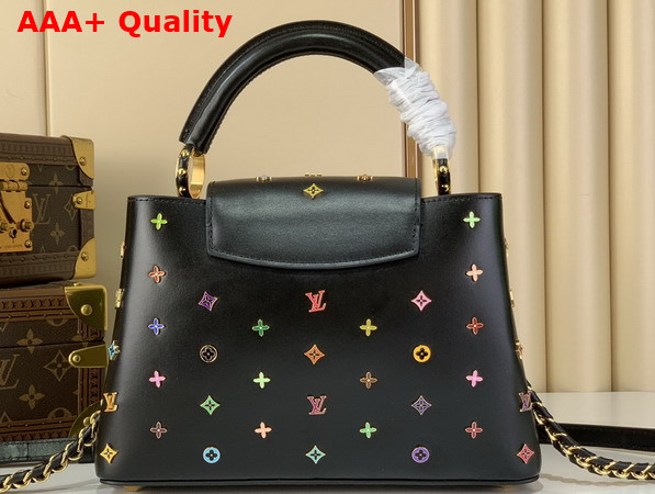LV x TM Capucines BB Handbag in Black Cowhide Leather Embellished with Multicolor LV Flower Studs Replica