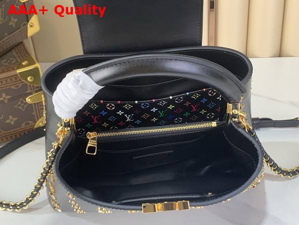 LV x TM Capucines BB Handbag in Black Cowhide Leather Embellished with Multicolor LV Flower Studs Replica