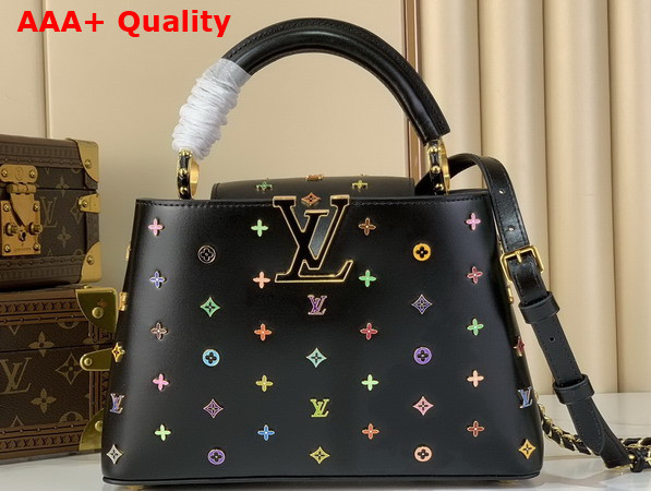 LV x TM Capucines BB Handbag in Black Cowhide Leather Embellished with Multicolor LV Flower Studs Replica