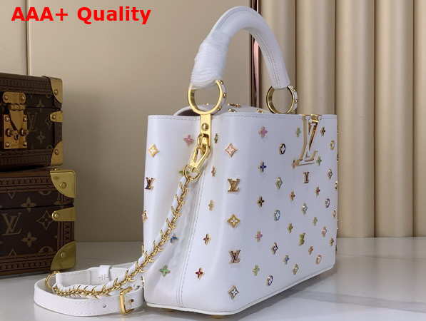LV x TM Capucines BB Handbag in White Cowhide Leather Embellished with Multicolor LV Flower Studs Replica