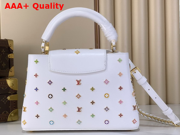 LV x TM Capucines BB Handbag in White Cowhide Leather Embellished with Multicolor LV Flower Studs Replica
