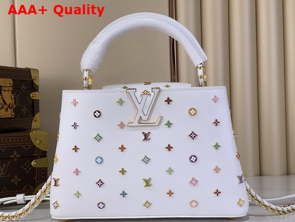 LV x TM Capucines BB Handbag in White Cowhide Leather Embellished with Multicolor LV Flower Studs Replica