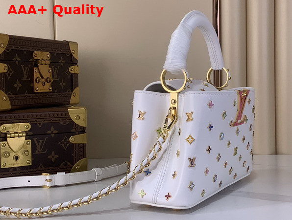 LV x TM Capucines East West Mini Snow Cowhide Leather with Playful LV Flower Studs M27636 Replica
