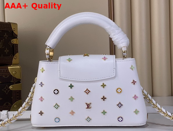 LV x TM Capucines East West Mini Snow Cowhide Leather with Playful LV Flower Studs M27636 Replica