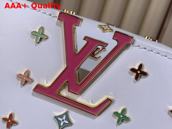 LV x TM Capucines East West Mini Snow Cowhide Leather with Playful LV Flower Studs M27636 Replica