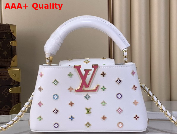 LV x TM Capucines East West Mini Snow Cowhide Leather with Playful LV Flower Studs M27636 Replica