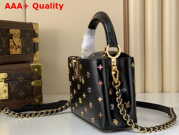 LV x TM Capucines Mini Black Cowhide Leather Embellished with Multicolor LV Flower Studs M27637 Replica