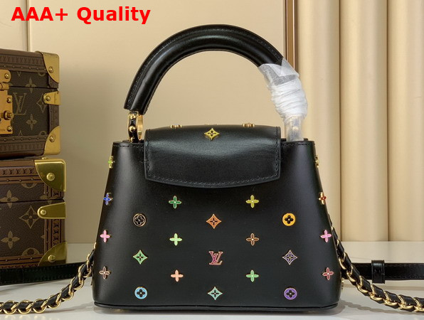 LV x TM Capucines Mini Black Cowhide Leather Embellished with Multicolor LV Flower Studs M27637 Replica