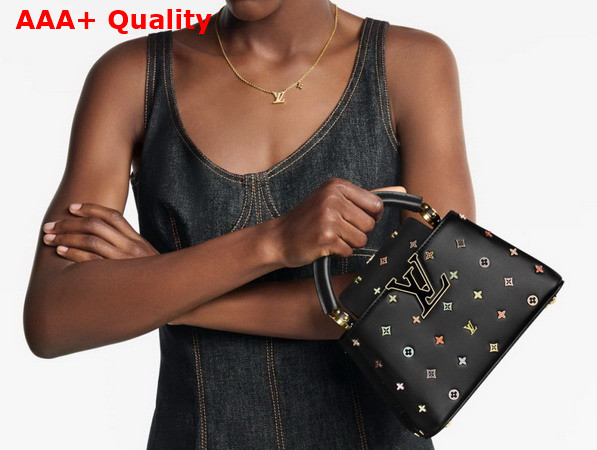 LV x TM Capucines Mini Black Cowhide Leather Embellished with Multicolor LV Flower Studs M27637 Replica