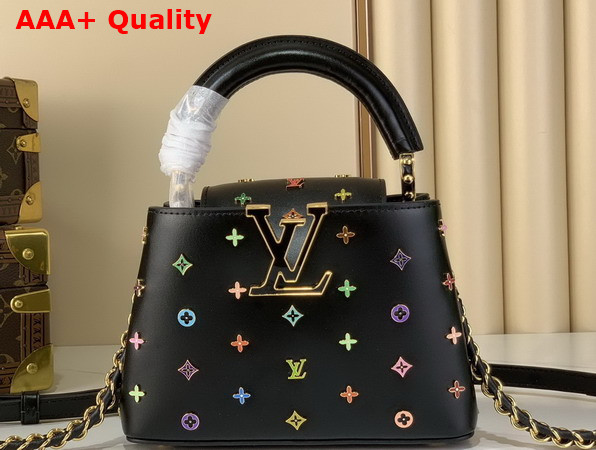 LV x TM Capucines Mini Black Cowhide Leather Embellished with Multicolor LV Flower Studs M27637 Replica