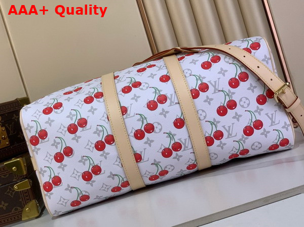 LV x TM Keepall Bandouliere 45 in White Monogram Cherry Coated Canvas Replica