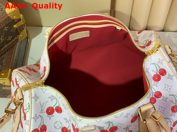 LV x TM Keepall Bandouliere 45 in White Monogram Cherry Coated Canvas Replica