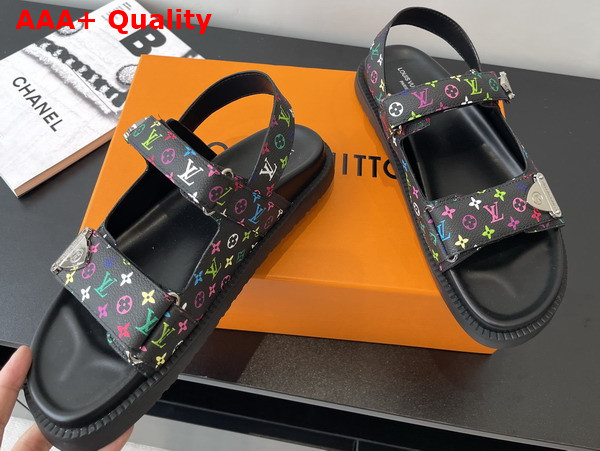 LV x TM LV Sunset Flat Comfort Sandal Black Multicolored Monogram Coated Canvas Replica