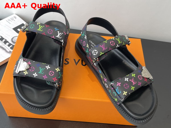 LV x TM LV Sunset Flat Comfort Sandal Black Multicolored Monogram Coated Canvas Replica