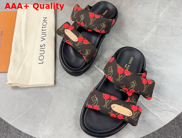 LV x TM Pool Pillow Flat Comfort Mule in Monogram Nylon with Cherry Print 1AHME4 Replica