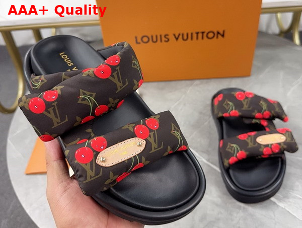 LV x TM Pool Pillow Flat Comfort Mule in Monogram Nylon with Cherry Print 1AHME4 Replica