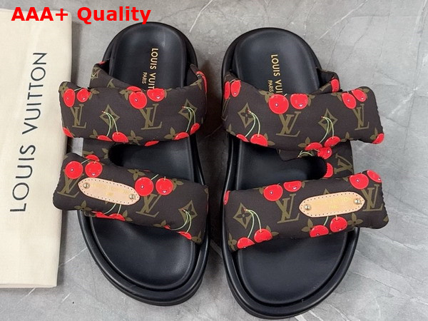 LV x TM Pool Pillow Flat Comfort Mule in Monogram Nylon with Cherry Print 1AHME4 Replica