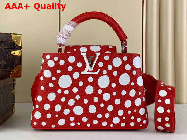 LV x YK Capucines BB Handbag in Red and White Taurillon Bull Calf Lather with Infinity Dots Print Replica