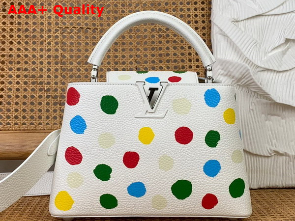 LV x YK Capucines BB White Taurillon Bull Calf Leather with 3D Painted Dots Print M21637 Replica