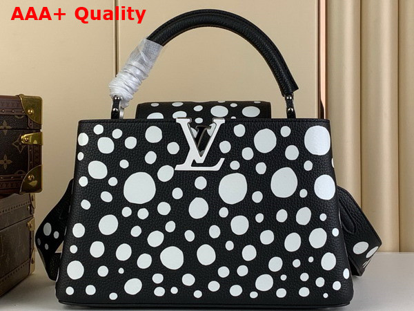 LV x YK Capucines MM Black and White Taurillon Bull Calf Leather with Infinity Dots Print Replica