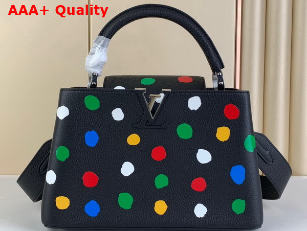 LV x YK Capucines MM Handbag Black Taurillon Bull Calf Leather with 3D Painted Dots Print Replica