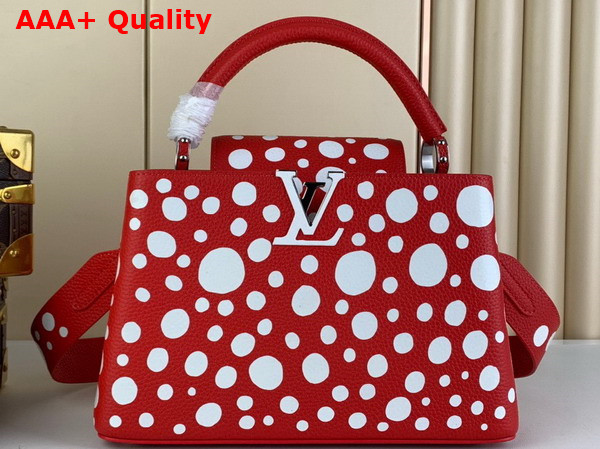 LV x YK Capucines MM Handbag in Red and White Taurillon Bull Calf Lather with Infinity Dots Print Replica
