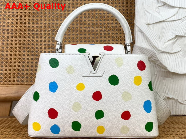 LV x YK Capucines MM White Taurillon Bull Calf Leather with 3D Painted Dots Print Replica