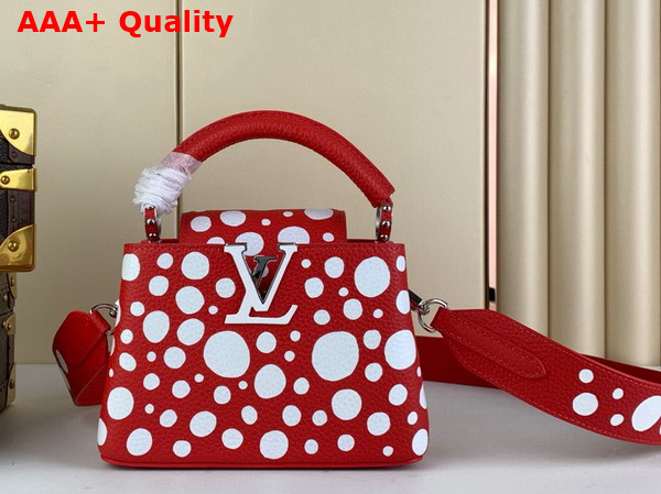 LV x YK Capucines Mini Handbag in Red and White Taurillon Bull Calf Lather with Infinity Dots Print M21692 Replica